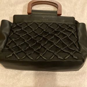 Black Leather Purse with Lattice Front Over Woven Backing